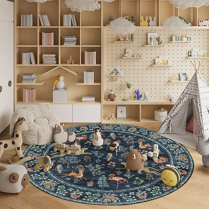 DUKINO 6ft Round Rug for Bedroom, Animal Print Washable Circle Rug with Low Pile Design, Soft Indoor Floor Non Slip Carpet for Entryway, Living Room, Office, Dining Room, Navy Blue