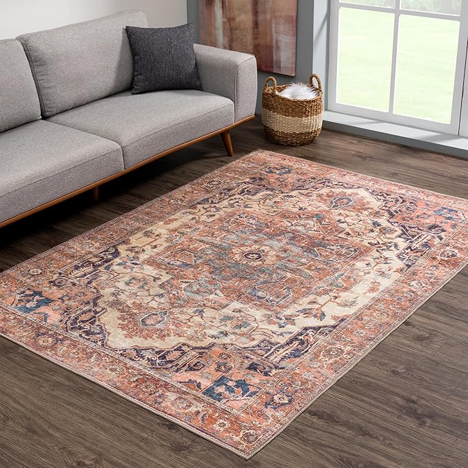 Bloom Rugs Washable 6' x 9' Rug - Beige/Terracotta Traditional Area Rug for Living Room, Bedroom, Dining Room, and Kitchen - Exact Size: 6' x 9'