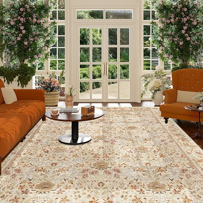 DUKINO 6x9 Rugs for Living Room, Vintage Washable Rug with Non Slip Backing, Floral Low Pile & Non-Shedding Large Area Carpets for Bedroom, Dining Room, Farmhouse, Home Office, Beige
