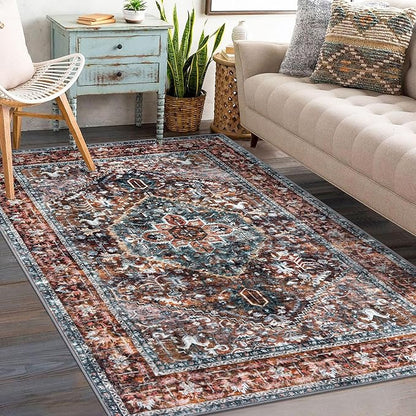 KOZYFLY Boho Area Rug 3x5 Ft Rugs for Entryway Washable Entry Rug Non Slip Door Mat Indoor Printed Faux Wool Vintage Kitchen Rug Throw Rugs for Entrance Kitchen Living Room, Brick Red/Orange/Green
