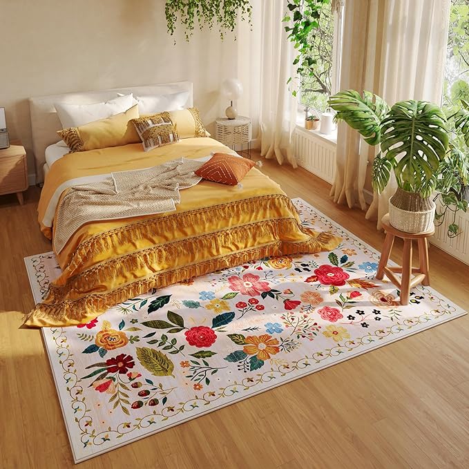 Rugcomf Living Room Rug 6x9 Rug Machine Washable Boho Area Rug Non Slip Floral Vintage Low Pile Large Rug for Living Room, Bedroom, Farmhouse, Dining Room, Kids Playroom(Beige)