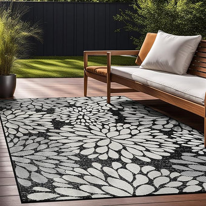 Beverly Rug Outdoor Rug 5x7 Modern Exotic Tropical Leaf Area Rugs for Indoor and Outdoor Patio Deck Porch Garden Water Resistant Washable Outside Carpet (5 x 7 Dark Gray)