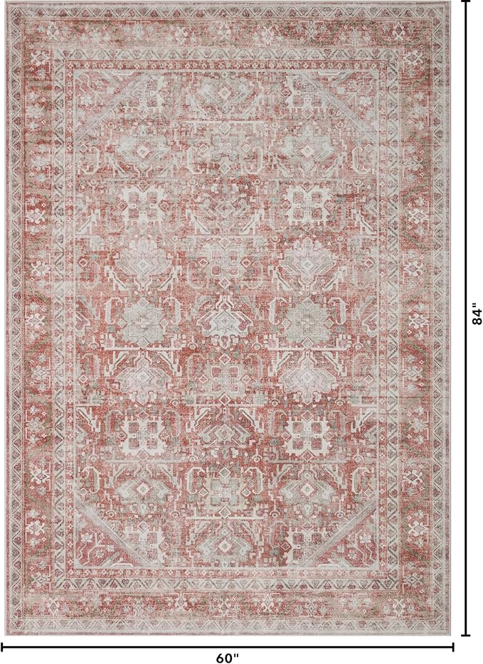 Kuden 5x7 Area Rug, Machine Washable Area Rug with Non-Slip Backing, Vintage Style, Soft, Easy Clean, Low Pile Rug for Living Room, Bedroom, Dining Room