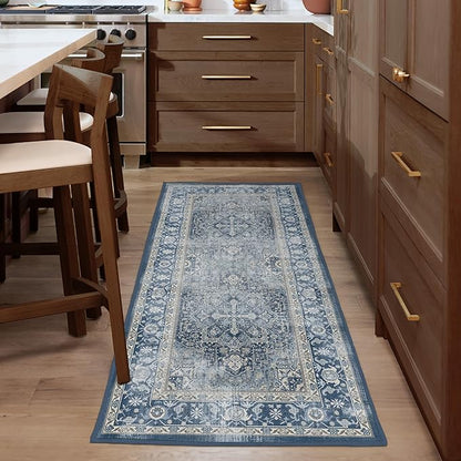 RUGGABLE Washable Vintage Area Rug – Kamran Admiral Blue 9x12, Stain-Resistant, Non-Slip – Large Machine Washable Rugs for Living Room, Bedroom, Hallway, Entryway & Office–with Standard Pad
