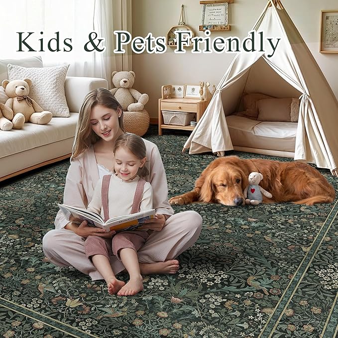 8x10 Floral Washable Area Rug for Living Room, Vintage Boho Rug for Bedroom Dining Room， Distressed Botanical Birds Non Slip Low Pile Forest Animal Throw Carpet for Farmhouse Office, Dark Green