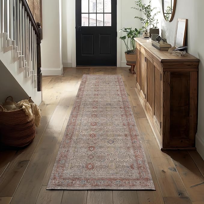 Kuden 2'6"x7' Runner Rug, Machine Washable Area Rug with Non-Slip Backing, Vintage Style, Soft, Easy Clean, Low Pile Rug for Hallway, Entryway, Kitchen, Bedroom