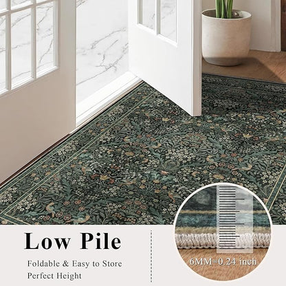 8x10 Floral Washable Area Rug for Living Room, Vintage Boho Rug for Bedroom Dining Room， Distressed Botanical Birds Non Slip Low Pile Forest Animal Throw Carpet for Farmhouse Office, Dark Green
