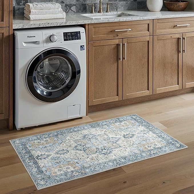 Runner Rug 2'6''x4, Non Slip Vintage Machine Washable Runner Rug, Low Pile Lighrweight Rugs for Entryway, Hallway, Kitchen and Corridor, Blue