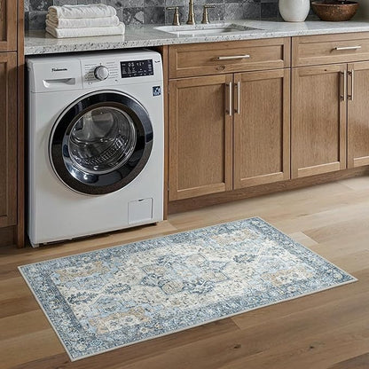Runner Rug 2'6''x4, Non Slip Vintage Machine Washable Runner Rug, Low Pile Lighrweight Rugs for Entryway, Hallway, Kitchen and Corridor, Blue