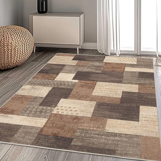 Modern Geometric Patchwork Indoor Area Rug for Living Room, Beige 8'x 10' Large Rug Rockwood Collection Hardwood Floors Decor for Bedroom, Beige Throw Carpet for Office Entryway Dining Room