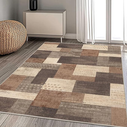 Modern Geometric Patchwork Indoor Area Rug for Living Room, Beige 4'x 6' Large Rug Rockwood Collection Hardwood Floors Decor for Bedroom, Beige Throw Carpet for Office Entryway Dining Room
