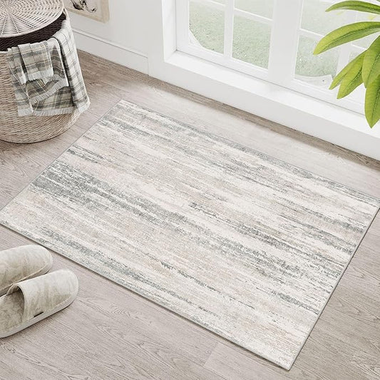 MUJOO Small Rug Washable,2x3 Area Rugs for Entryway Entry Entrance Bedroom Bathroom,Modern Abstract Low Pile Throw Rug,Front Door Mat Non Slip Accent Neutral Carpet Indoor Beige and Grey