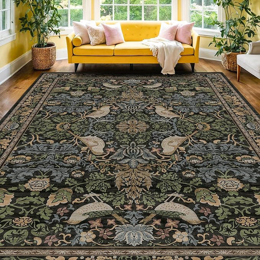 Botanical Brown Rug for Living Room - Washable 10x14 Area Rug for Dining Room Under Table, Extra Large Bedroom - Boho Bird Farmhouse Decor, Soft Low PileNon-Slip & Stain Resistance