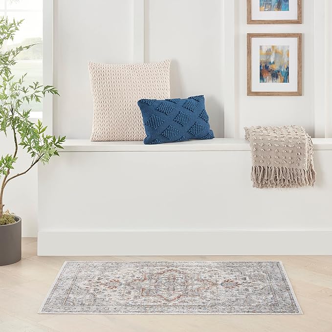Nourison Home Astra Machine Washable Traditional Grey/Multi 2'2" x 4' Area Rug, Easy Clean, Non Shedding, Bed Room, Living Room, Dining Room, Kitchen (2x4)