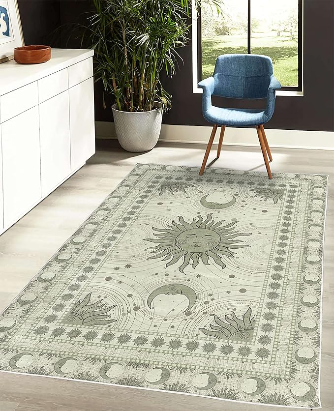 Ambesonne Sun and Moon Decorative Rug, Bohemian Artwork Design of Crescent Solar Ornament Esoteric Stars Ornaments, Quality Carpet for Bedroom Dorm and Living Room, 5' 1" X 7' 5", Pale Reseda
