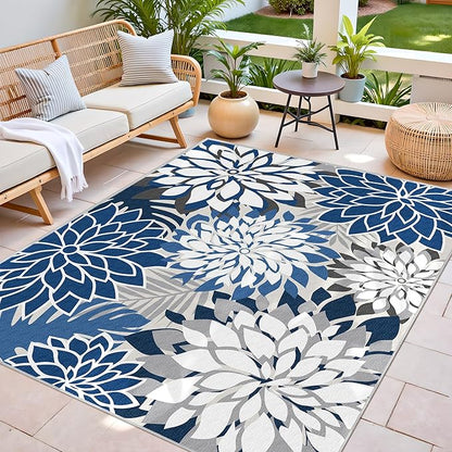 Colorful 9x12 Outdoor Area Rug Washable Multicolored Patio Rug Tropical Botanical Floral Chenille Waterproof Outdoor Carpet Non-Slip for Deck, Backyard, Porch, Blue