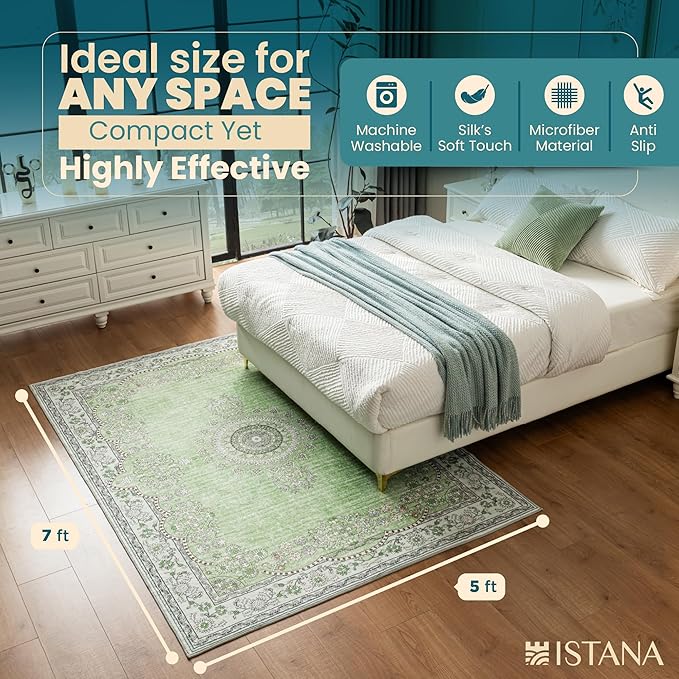 Istana 5x7 Area Rug - Green Rugs for Living Room 5x7 - Foldable Rugs for Bedroom - Stain Resistant Washable Rug - Eco-Friendly Boho Area Rugs - Easy to Clean Living Room Rug
