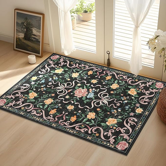 Black Rug Bow Floral Rug for Girls, 2x3 Washable Small Area Rug for for Entryway, Kitchen, Front Door Indoor Entrance, Non Slip Carpet for Bathroom Bedroom Living Room