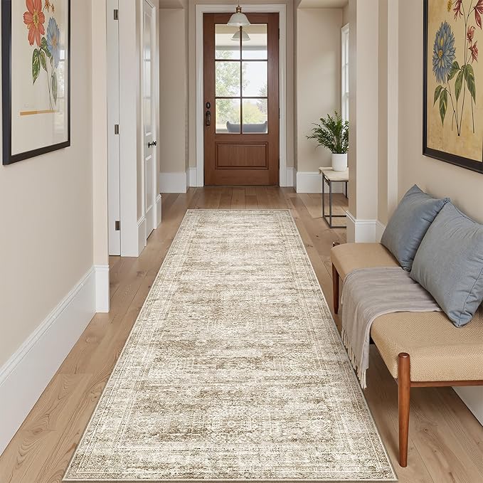 Runner Rug 2'x10' Washable Non-Slip Runner Rugs for Kitchen Bathroom Laundry Room Brown Vintage Floor Carpet Runners for Hallway Entryway