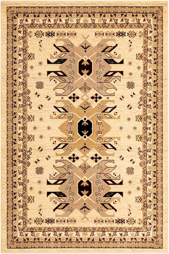 Unique Loom Taftan Collection Border Geometric Tribal Inspired Design Area Rug (5' 0 x 8' 0 Rectangular, Ivory/ Tan)