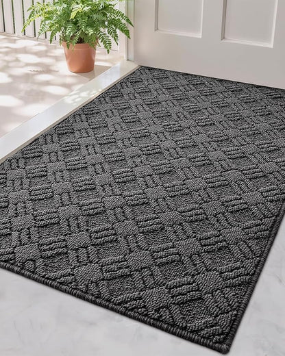LUMI Indoor Door Mat, Absorbent Non-Slip Thin Doormat, Washable Door Mats, Woven Pattern Inside Floor Mat, Ideal for Entryway, Front Door, Home Decor, 32"x48", Woven Grey