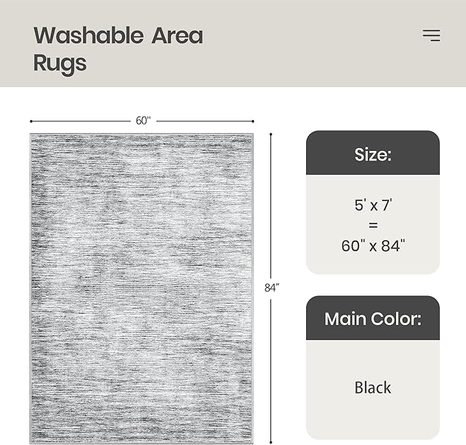 Valenrug Washable Rugs 5x7 - Non Slip 5x7 Area Rugs for Living Room, Stain Resistant Area Rugs for Bedroom, Foldable Machine Washable Area Rug(5'x7', Black)