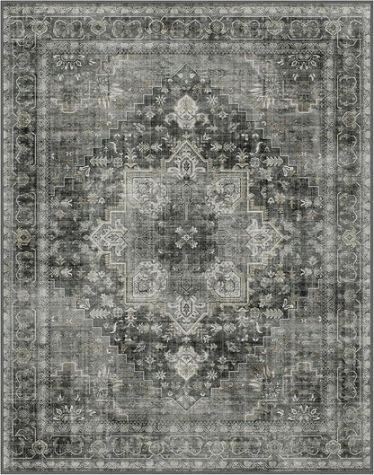 GENIMO 8x10 Area Rugs for Living Room, Machine Washable Non Slip Vintage Rugs, Low Pile Lightweight Chenille Print Rug for Bedroom, Dining Room, Home Office, Charcoal Gray