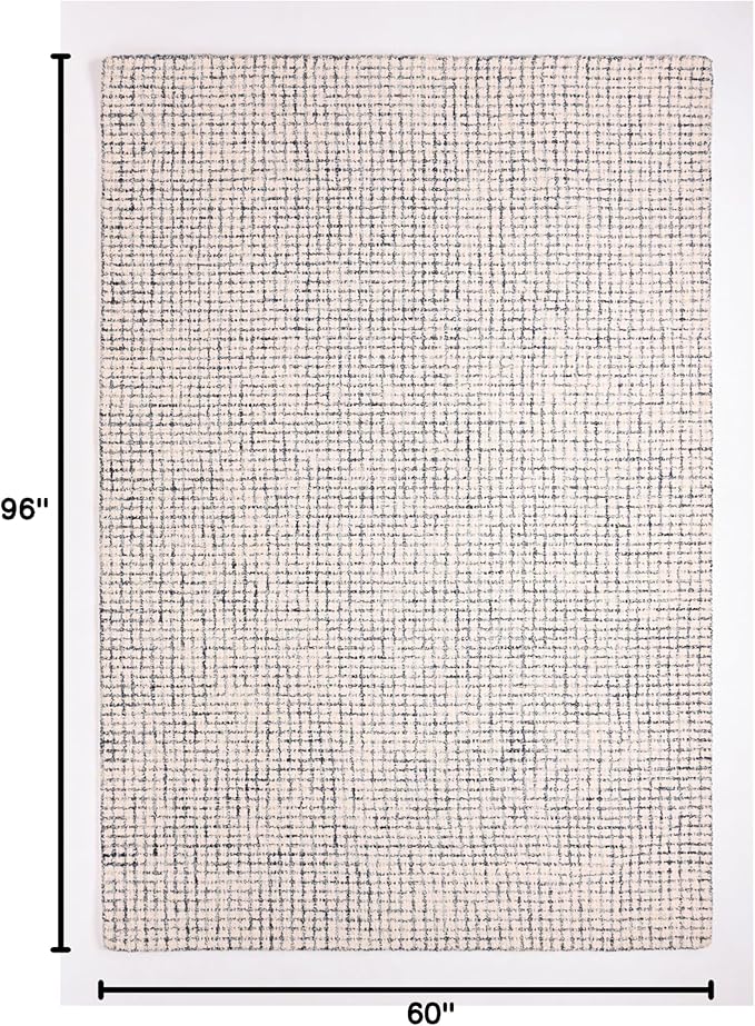 Hand-Tufted 100% Wool Pile Area Rug – Geometric Textured Grid Check Pattern – Thick and Durable Floor Carpet for Bedroom, Living Room, Kids Room, and Dining Area (Ivory Denim, 5' x 8')