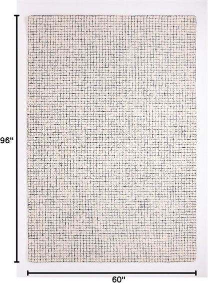 Hand-Tufted 100% Wool Pile Area Rug – Geometric Textured Grid Check Pattern – Thick and Durable Floor Carpet for Bedroom, Living Room, Kids Room, and Dining Area (Ivory Denim, 5' x 8')