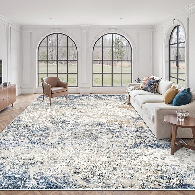 Art&Tuft Washable Rugs 8x10, Area Rugs for Living Room - Non Slip and Low Pile Soft Thin Abstract 8x10 Rug for Bedroom, Dining Room, Kitchen, Office, Blue