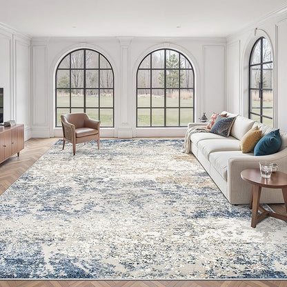 Art&Tuft Washable Rugs 9x12, Abstract Area Rugs 9x12 Living Room - Non Slip and Low Pile Soft Thin Rug for Bedroom, Dining Room, Kitchen, Office, Blue