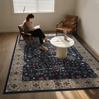 6x9 Washable Blue Area Rug for Living Room Bedroom, Boho Dining Room Rugs for Under Table, Large Low Pile Non-Slip Vintage Print Carpets for Farmhouse, Office, Dorm