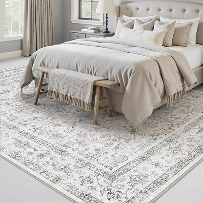 Grey 8x10 Area Rug Vintage Washable Living Room Carpet Non Slip Bedroom Indoor Office Low Pile Large Traditional Distressed Retro Accent Rug for Dining Room Bathroom Kitchen