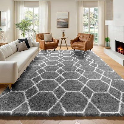 ONASAR 6x9 Area Rugs for Living Room Bedroom, Washable Large Fluffy Grey and White Throw Rug, Geometric Soft Plush Shaggy Floor Carpet for Nursery Kids Girls Boys Teen Dorm Home Decor Aesthetic