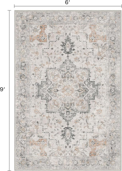 6x9 Area Rugs for Living Room, Machine Washable Low Pile Rugs, Non Alip Vintage Rug for Bedroom, Dining Room, Home Office, Light Taupe Brown