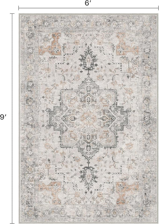 6x9 Area Rugs for Living Room, Machine Washable Low Pile Rugs, Non Alip Vintage Rug for Bedroom, Dining Room, Home Office, Light Taupe Brown