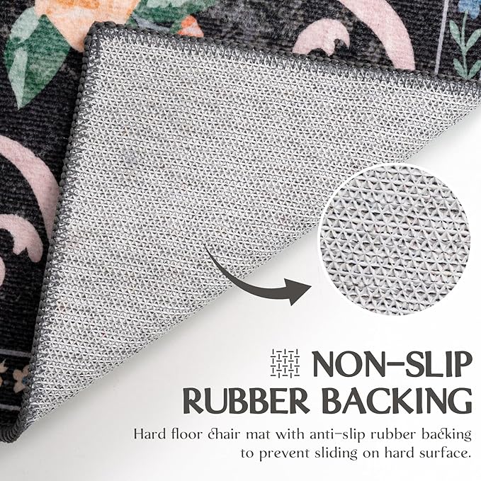 Black Rug Bow Floral Rug for Girls, 5x7 Washable Area Rugs for Bedroom Living Room, Kitchen,Dining Room,Kids Room,Playroom, Cute Ultra-Thin Non Slip Low Pile Indoor Carpet