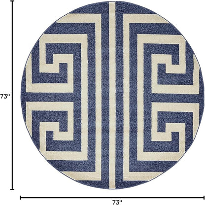 Unique Loom Athens Collection Classic Geometric Modern Border Design Area Rug (6' 0 x 6' 0 Round, Navy Blue/ Beige)