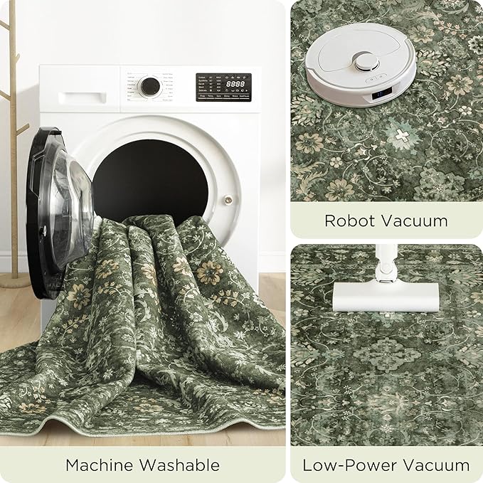 8x10 Washable Rugs for Living Room, Soft Large Rugs Green Area Rug, Indoor Vintage Carpet for Bedroom Dining Room Office, Rubber Backed Non Slip Low Pile Mat, Dark Olive Green