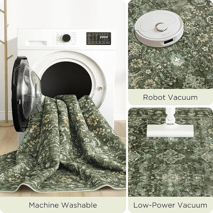 6x9 Rugs for Living Room, Soft Large Area Rugs Green Washable Rug, Indoor Vintage Rugs for Bedroom Home Office Laundry, Rubber Backed Non Slip Low Pile Carpet, Dark Olive Green