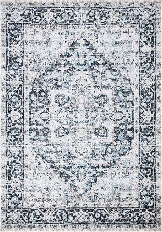 Bloom Rugs Caria Washable Non-Slip 4x6 Rug - Denim Blue Traditional Area Rug for Living Room, Bedroom, Dining Room, and Kitchen - Exact Size: 4' x 6'