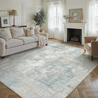 10x12 Area Rug Blue Cream Abstract Living Room Bedroom Washable Carpet Neutral Modern Non-Slip Soft Low Pile Lightweight Vacuumable Large Throw Rug for Dining Room