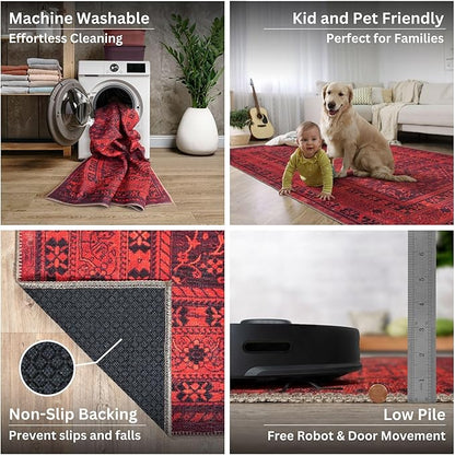 Bloom Rugs Washable Non-Slip 3' x 5' Rug - Red Traditional Bordered Area Rug for Living Room, Bedroom, Dining Room, and Kitchen - Exact Size: 3' x 5'