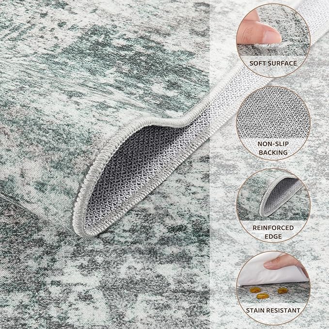 10x14 Area Rug Living Room Rugs - Washable Neutral Modern Abstract Soft Thin Large Rug Indoor Floor No Slip Rug Carpet for Bedroom Under Dining Table Home Office Decor - Green/Grey