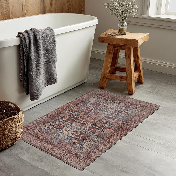 Kuden 3x5 Small Rug, Machine Washable, Non-Slip Backing, Vintage Style, Soft, Low Pile, Area Rugs for Entryway Kitchen Indoor Entrance