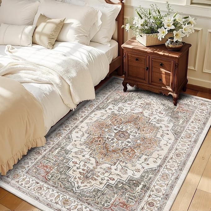 4x6 Area Rug for Bedroom Machine Washable Low Pile Vintage Distressed Rugs Stain Resistant Faux Wool Rug Ultra Soft Non-Slip Area Rugs for Living Room, Playroom, Kitchen,Home Office