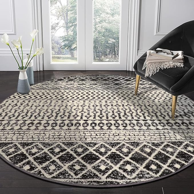 Boho Round Rug 5ft, Soft Non-Slip Distressed Circle Kitchen Mat Dining Room Rug, Washable Retro Living Room Area Rug Throw Carpet for Bedroom Kids Room Entryway