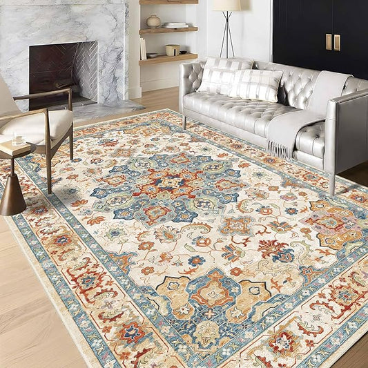 Enkor Area Soft Rugs 6x9 Washable Non Slip Boho Floor Rugs for Living Room Bedroom, Vintage Style Farmhouse Mat for Kitchen Entryway Orange & Beige