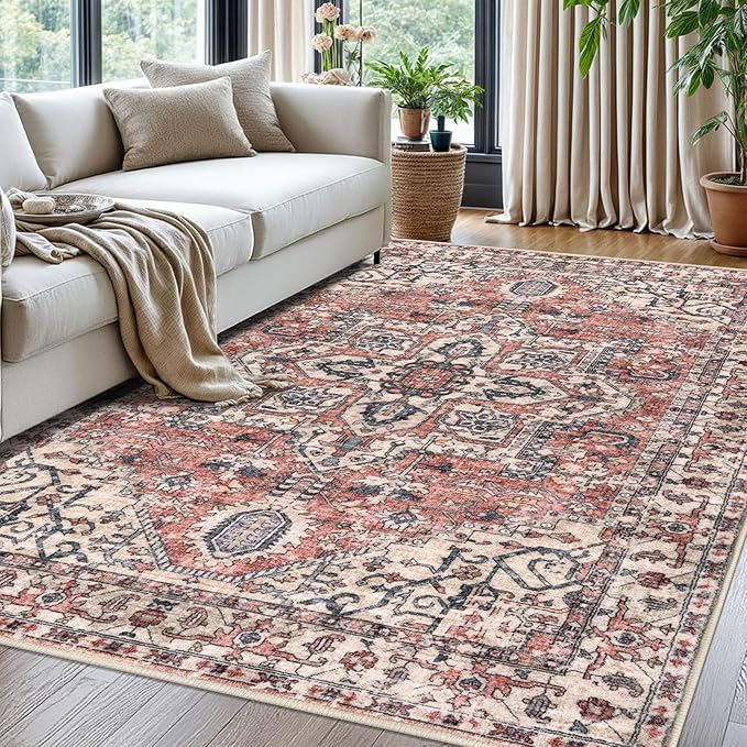 KOZYFLY Boho Area Rug 5x7 Ft Thin Washable Rugs for Living Room Faux Wool Throw Carpet Printed Non Slip Rug for Entryway Bedroom Dining Room Living Space, Terracotta/Beige