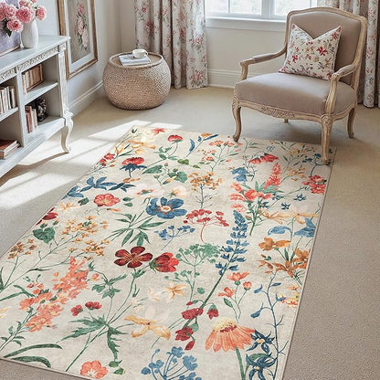 Beige Area Rug 3x5 Office Floral Boho Door Mat Indoor Washable Kitchen Carpet Non Slip Bedroom Low Pile Lightweight Soft Throw Rug for Living Dining Room Bathroom